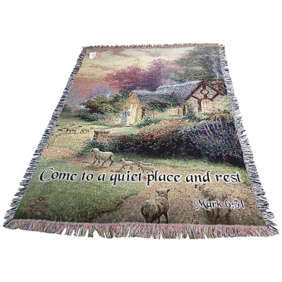 Thomas Kinkade Tapestry Throw Blanket Good Shepherds Cottage Mark 6:31 Sympathy - Picture 1 of 6